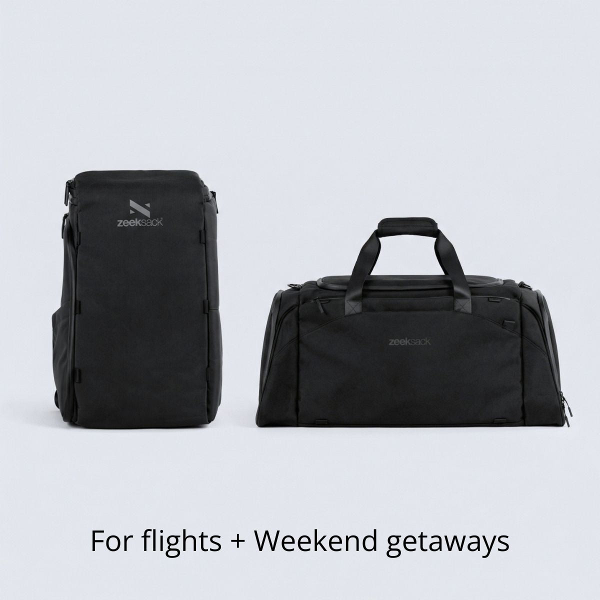 Zeeksack The Organizer 30L + The Weekender 50L (musta) – tuotteet esillä yhdessä pakettina.