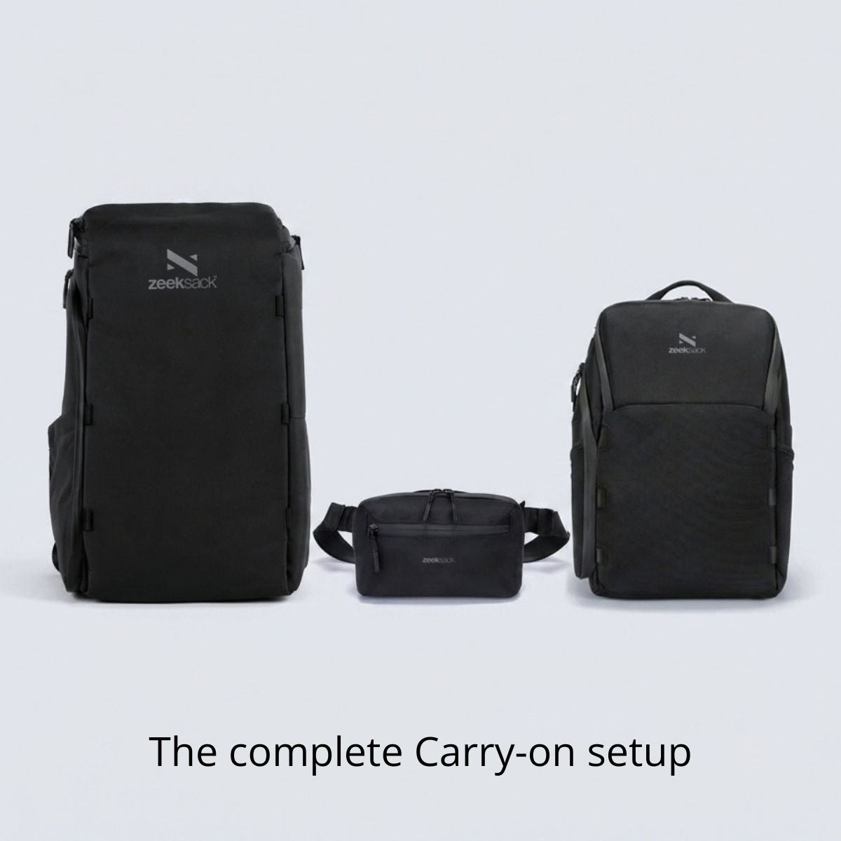 Zeeksack The Organizer 30L + The Underseat 15L + Crossbody Organizer (musta) – tuotteet esillä yhdessä pakettina.