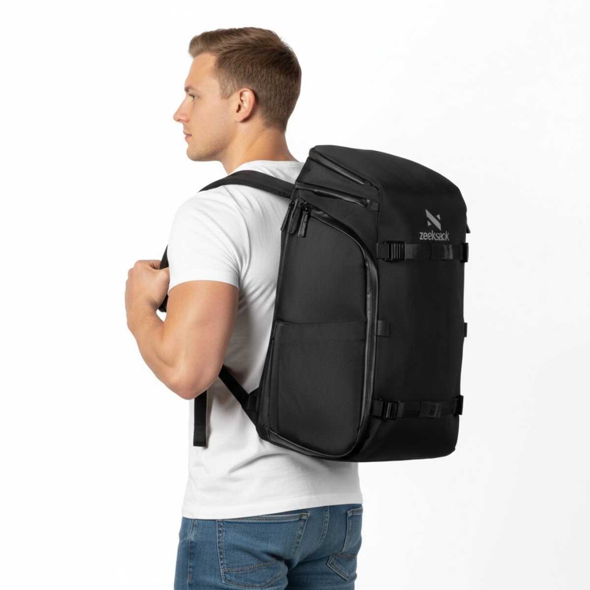 Mies valkoisessa t-paidassa ja farkuissa seisoo profiilissa mustan repun kanssa.