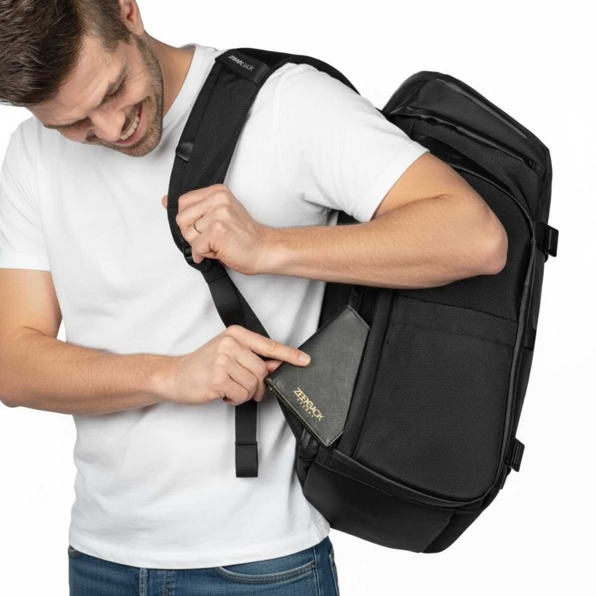 Mies valkoisessa t-paidassa ja farkuissa säätää mustan repun hihnaa.