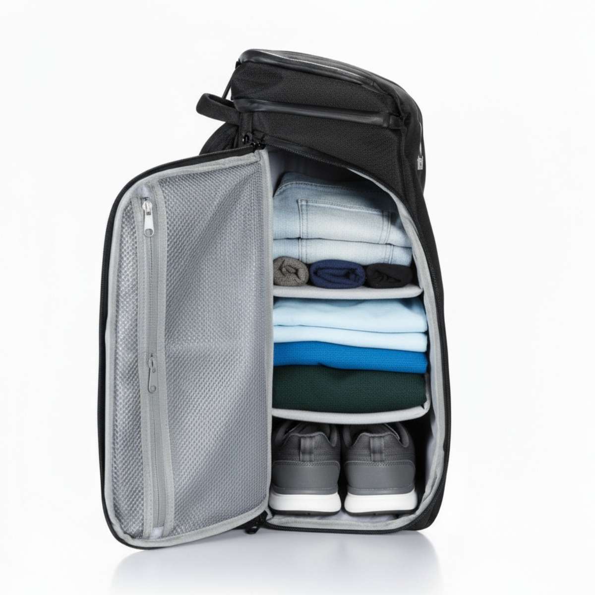 Musta reppu edestä, vetoketju auki, sisällä vaatteita ja tarvikkeita järjestyksessä.