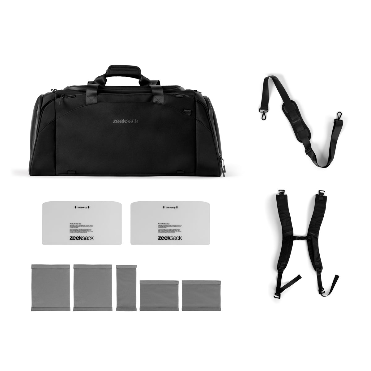 Zeeksack Duffelbag toimitetaan kattavalla sisällöllä – mukana irrotettavat olkaimet, jakajat ja pesupussit.