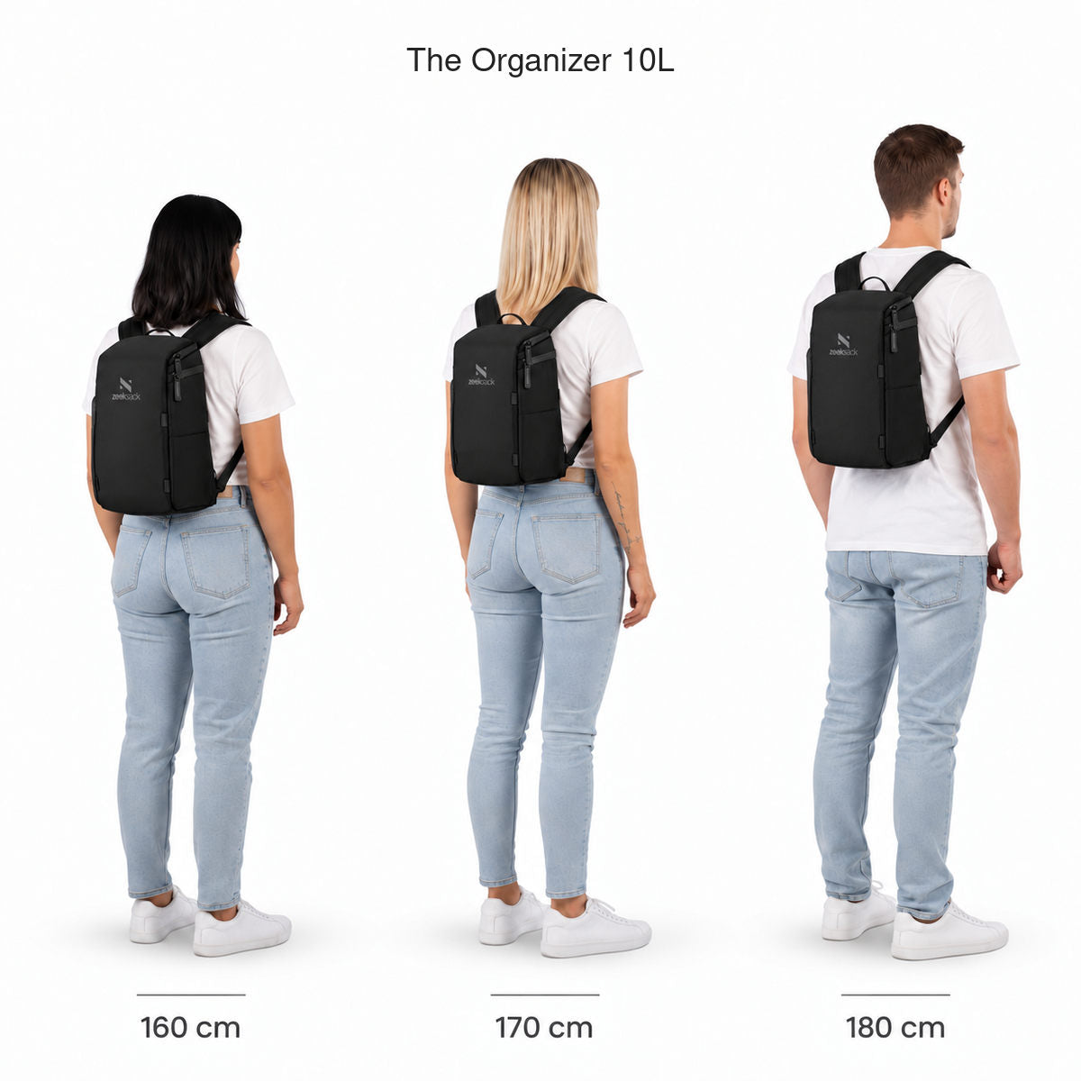 The Organizer 10L – kokovertailu 160, 170 ja 180 cm pitkien henkilöiden selässä.