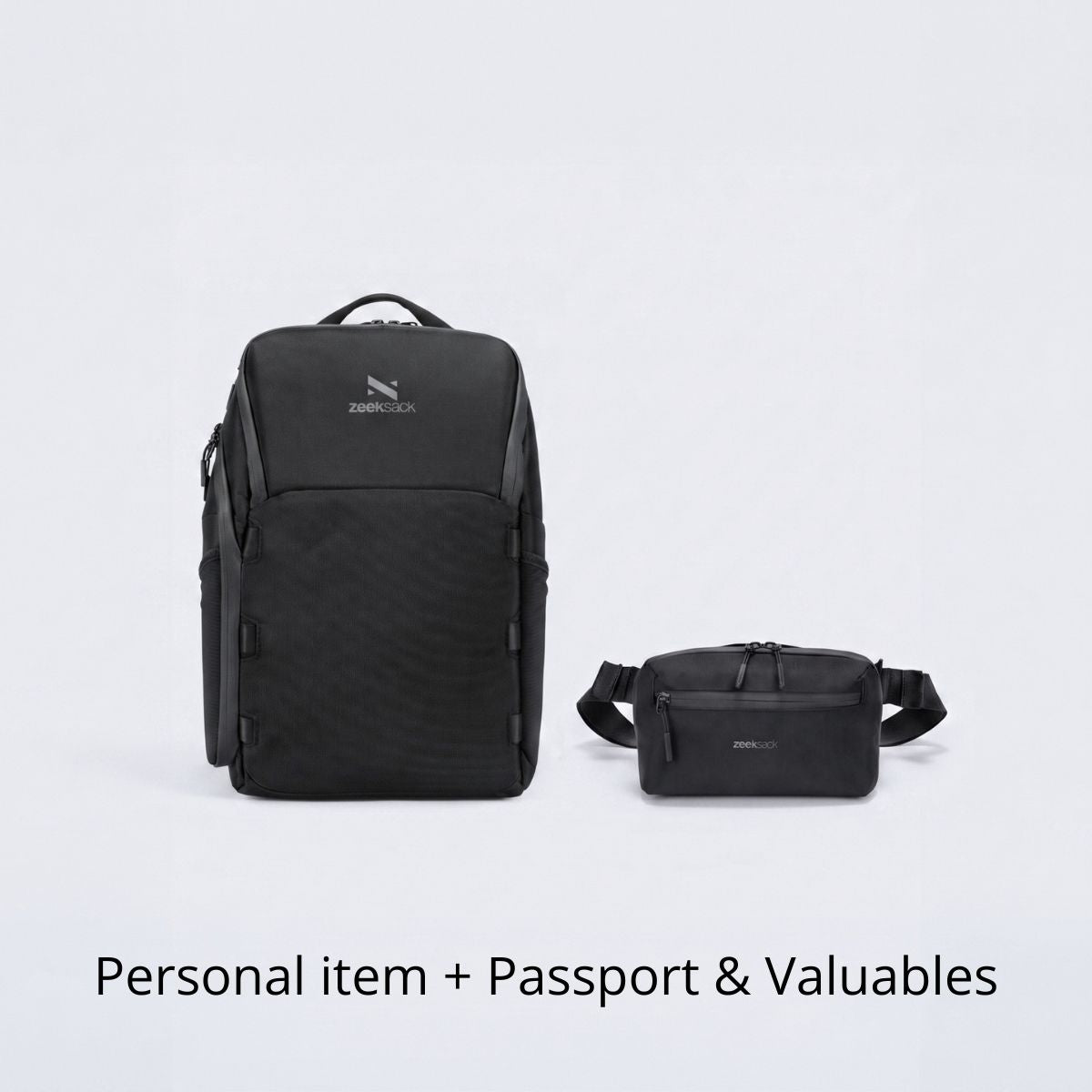 Zeeksack The Underseat 15L + Crossbody Organizer (musta) – tuotteet esillä yhdessä pakettina.