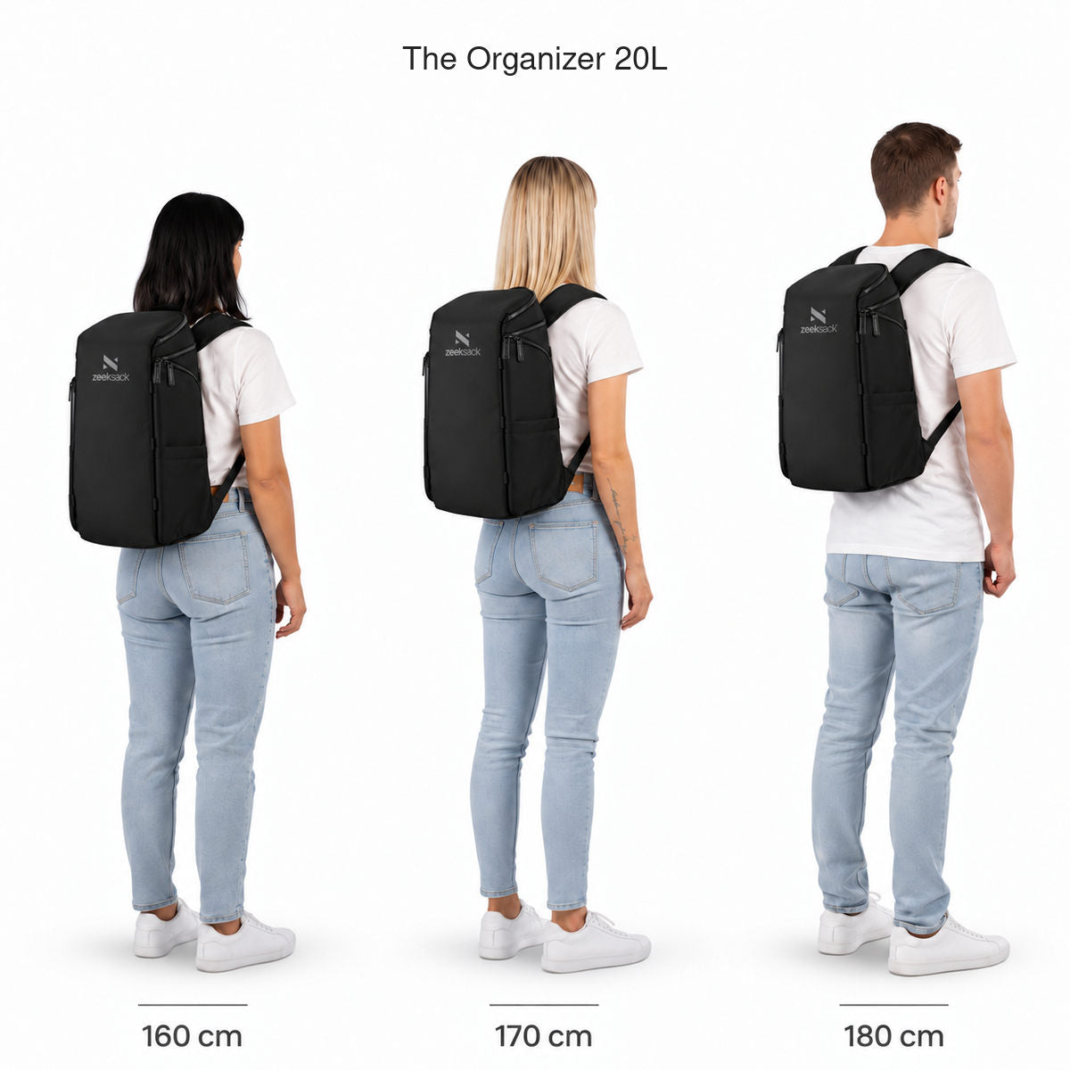The Organizer 20L – kokovertailu 160, 170 ja 180 cm pitkien henkilöiden selässä.