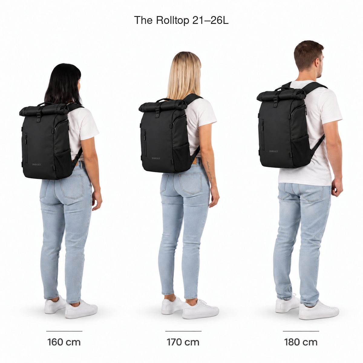 The Rolltop 21–26L – kokovertailu 160, 170 ja 180 cm pitkien henkilöiden selässä.