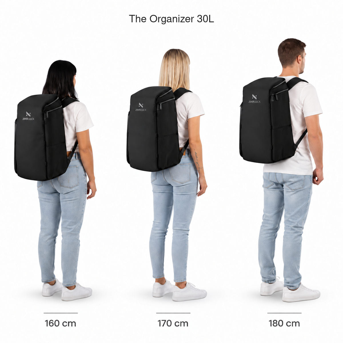 The Organizer 30L – kokovertailu 160, 170 ja 180 cm pitkien henkilöiden selässä.