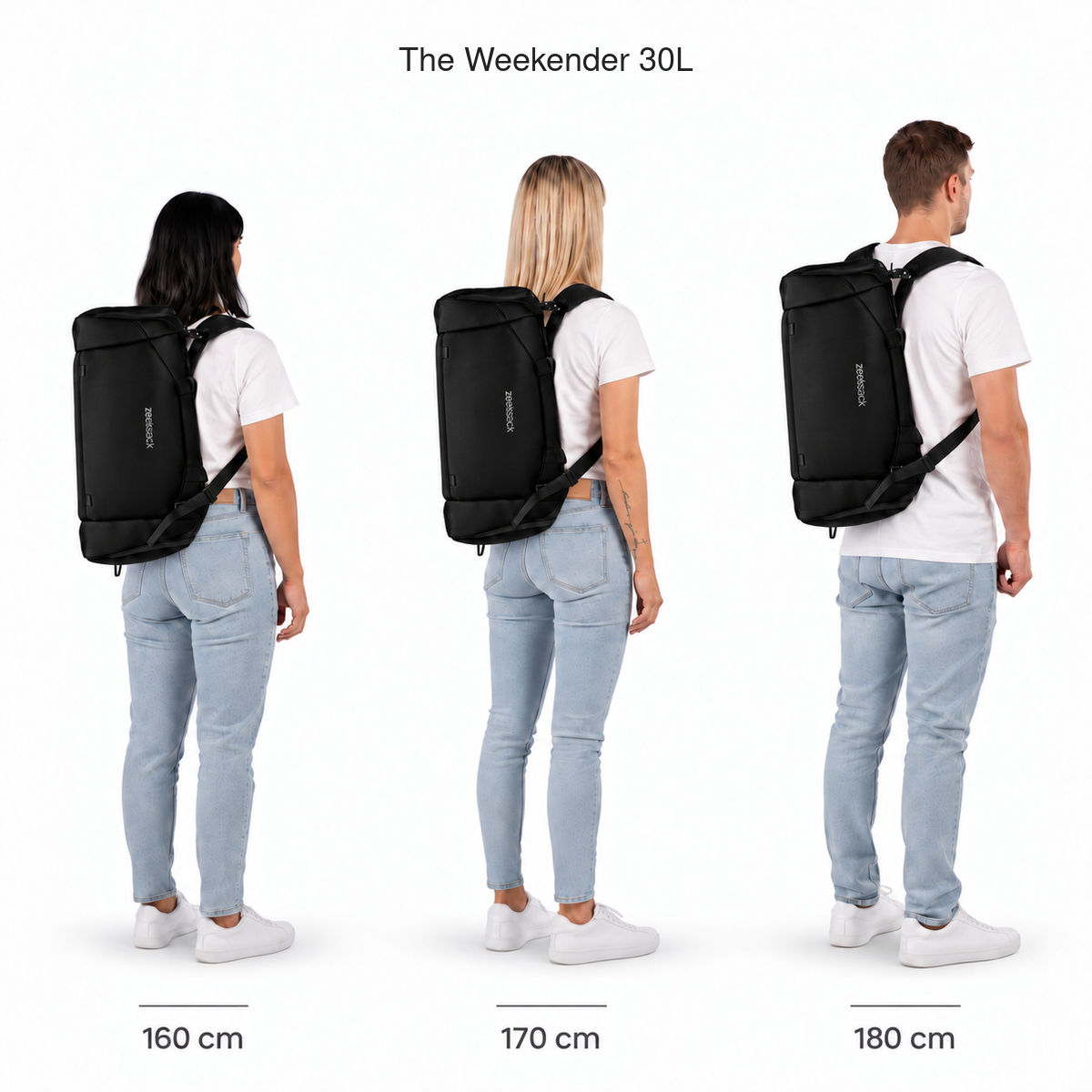 The Weekender 30L – kokovertailu 160, 170 ja 180 cm pitkien henkilöiden selässä.