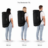 The Weekender 70L – kokovertailu 160, 170 ja 180 cm pitkien henkilöiden selässä.